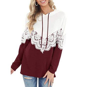 

Lace Insert Colorblock Drop Shoulder Hoodie, Deep red
