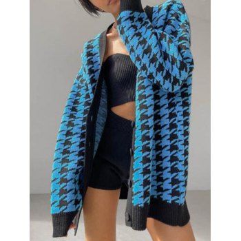 

Houndstooth Button Up Tunic Cardigan, Blue
