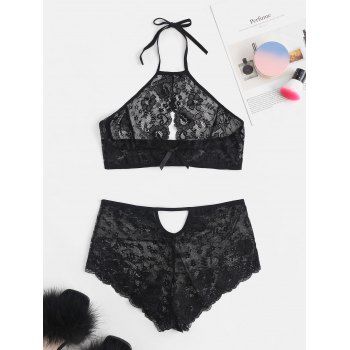

Halter Floral Lace Cutout Bra Set, Black
