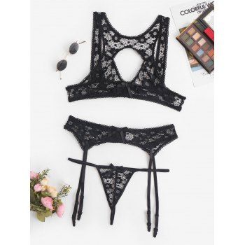 

Lace Picot-trim Cutout Gartered Bra Set, Black