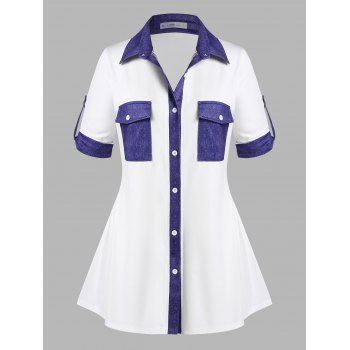 

Plus Size Flap Pockets Contrast Color Roll Up Shirt, White