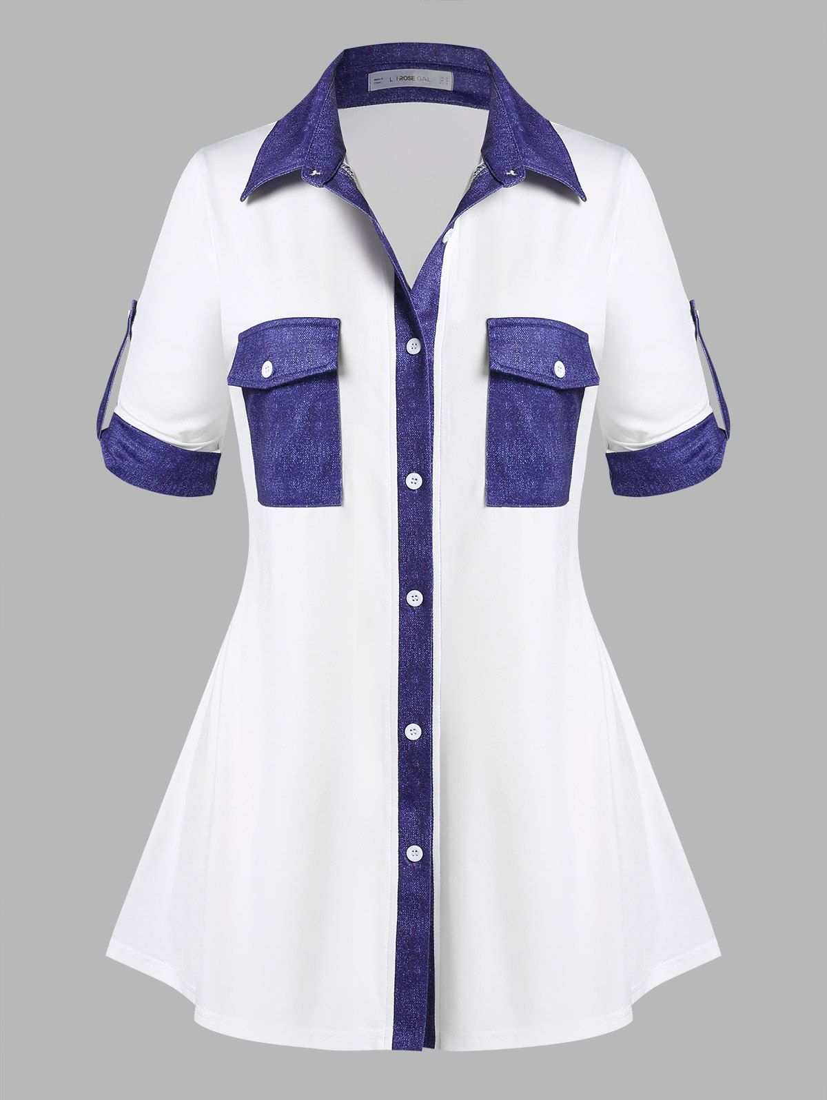 Plus Size Flap Pockets Contrast Color Roll Up Shirt - WHITE L