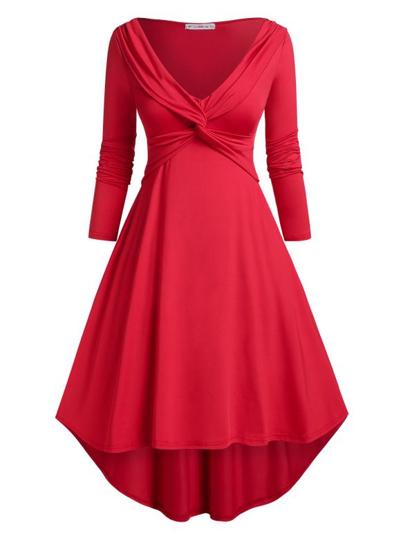 Robe de Cocktail Haute Basse à Motif Grande Taille - Rouge 5X