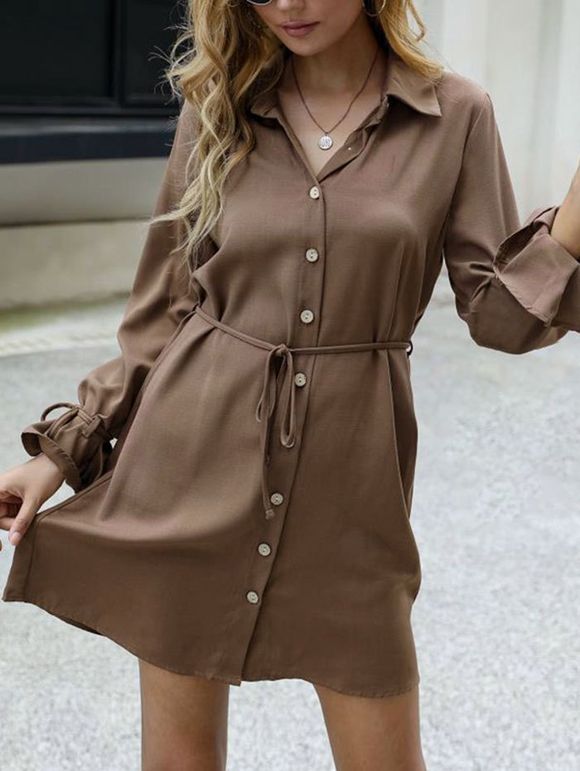 Button Up Belted Tie Cuff Mini Dress - COFFEE S