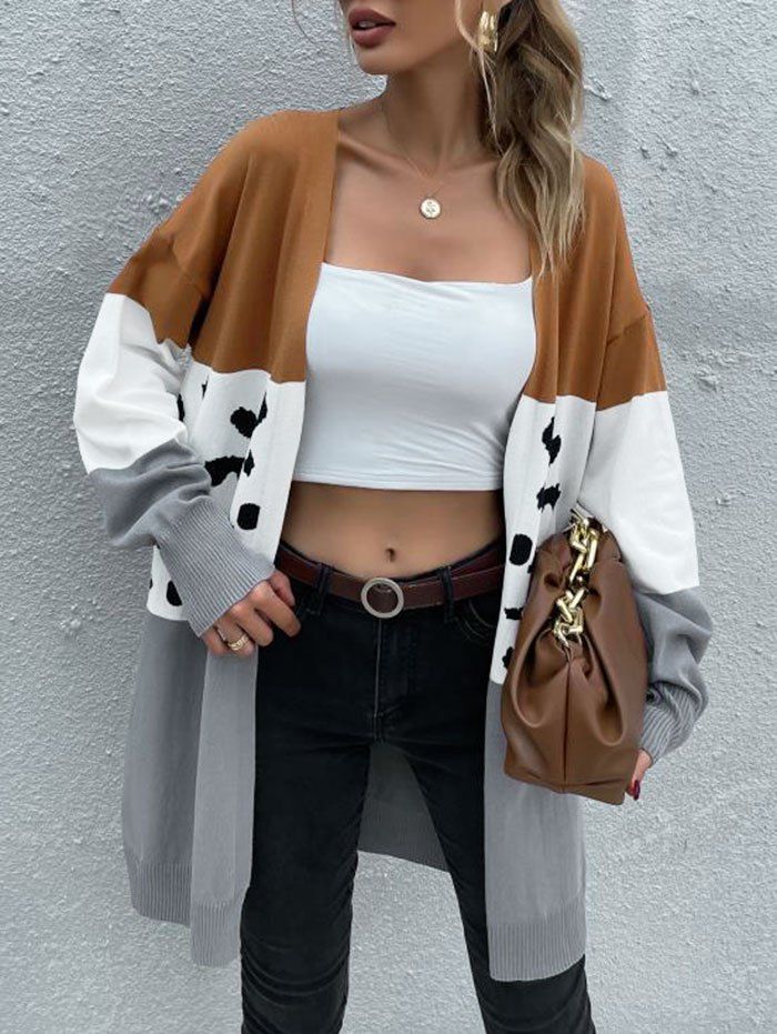 Leopard Color Blocking Drop Shoulder Tunic Cardigan - COFFEE S