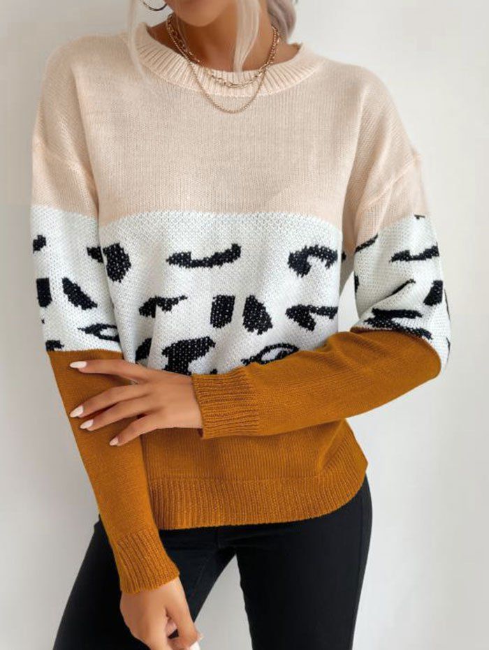 Leopard Colorblock Drop Shoulder Sweater - multicolor M
