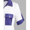 Plus Size Flap Pockets Contrast Color Roll Up Shirt - WHITE L