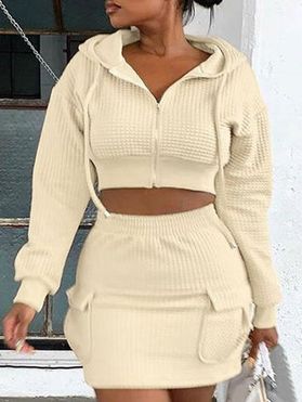 Zip Up Textured Cropped Hoodie and Mini Skirt Set