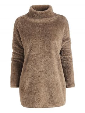 Turtleneck Drop Shoulder Slit Fleece Sweatshirt