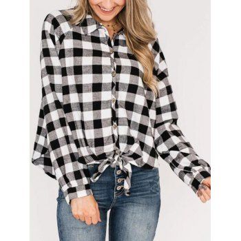 

Plaid Raglan Sleeve Tied Shirts, White