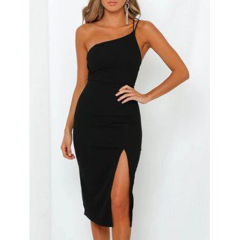 

One Shoulder High Split Midi Dress, Black