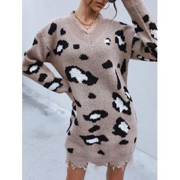 

Leopard Drop Shoulder Frayed Sweater Dress, Light coffee