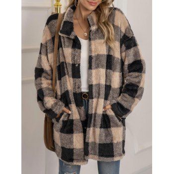 

Fluffy Plaid Snap Button Coat, Light coffee