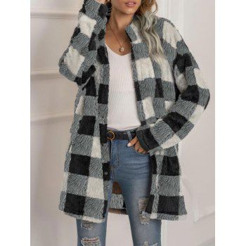 

Fluffy Plaid Snap Button Coat, Black