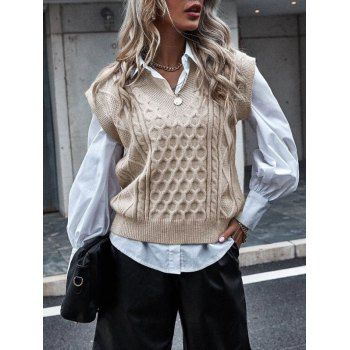 

Cable Knit V Neck Vest Sweater, Light coffee