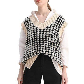 

Houndstooth V Neck Vest Sweater, Light coffee