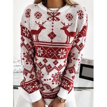 

Christmas Elk Snowflake Drop Shoulder Jumper Sweater, Red