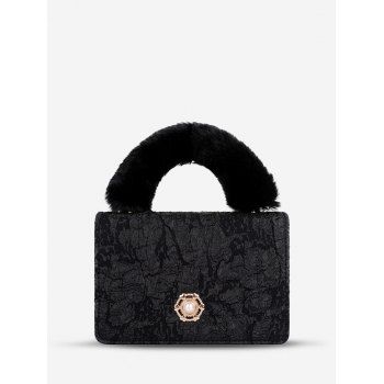 

Faux Pearl Lace Fluffy Handle Handbag, Black