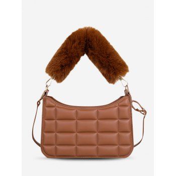 

Fluffy Handle Embossed Checkered Handbag, Brown