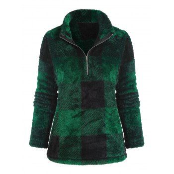 

Half Zip Plaid Fluffy Sweatshirt, Deep green
