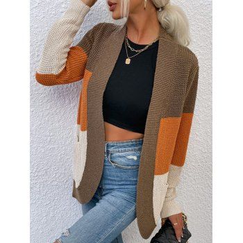 

Colorblock Pocket Open Front Cardigan, Coffee