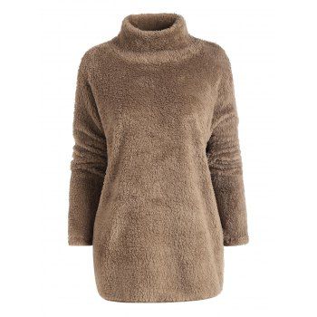 

Turtleneck Drop Shoulder Slit Fleece Sweatshirt, Light coffee