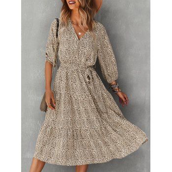 

Leopard Belted Surplice Tiered Dress, Light coffee