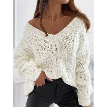 

Drop Shoulder Openwork Jumper Sweater, White