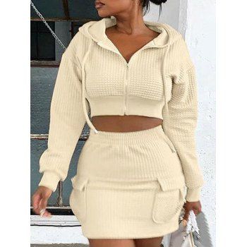 

Zip Up Textured Cropped Hoodie and Mini Skirt Set, Light yellow