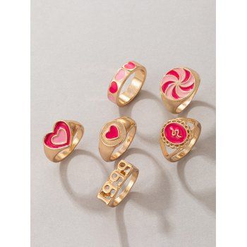 

6Pcs Heart Snake Hollow Glazed Ring Set, Pink