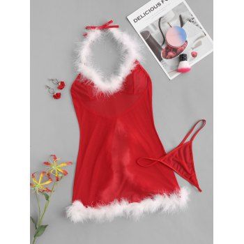 

Halter Feather Trim Mesh Babydoll Set, Red