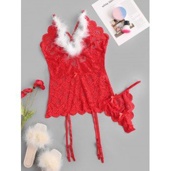 

Feather Trim Lace Crisscross Back Bustier Set, Red
