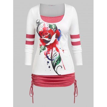 

Plus Size Rose Print Cinched 2 in 1 Tee, White