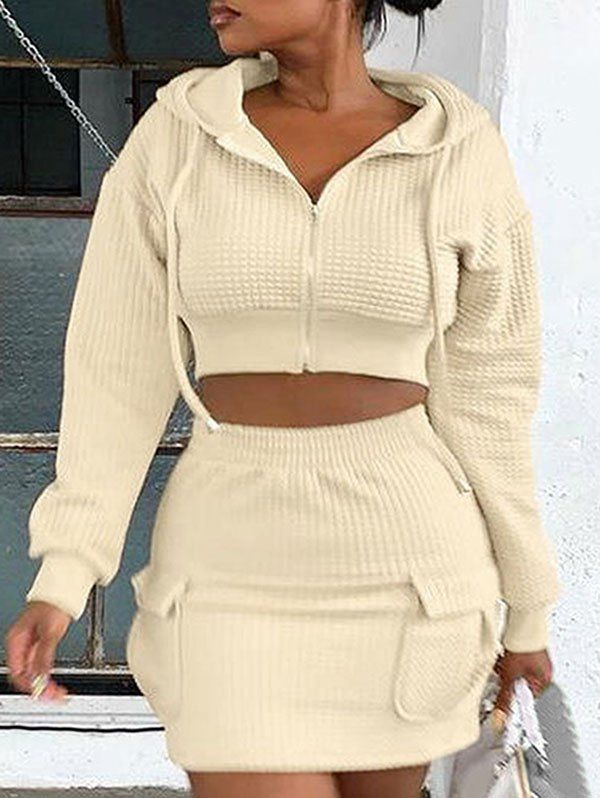 Zip Up Textured Cropped Hoodie and Mini Skirt Set - LIGHT YELLOW S