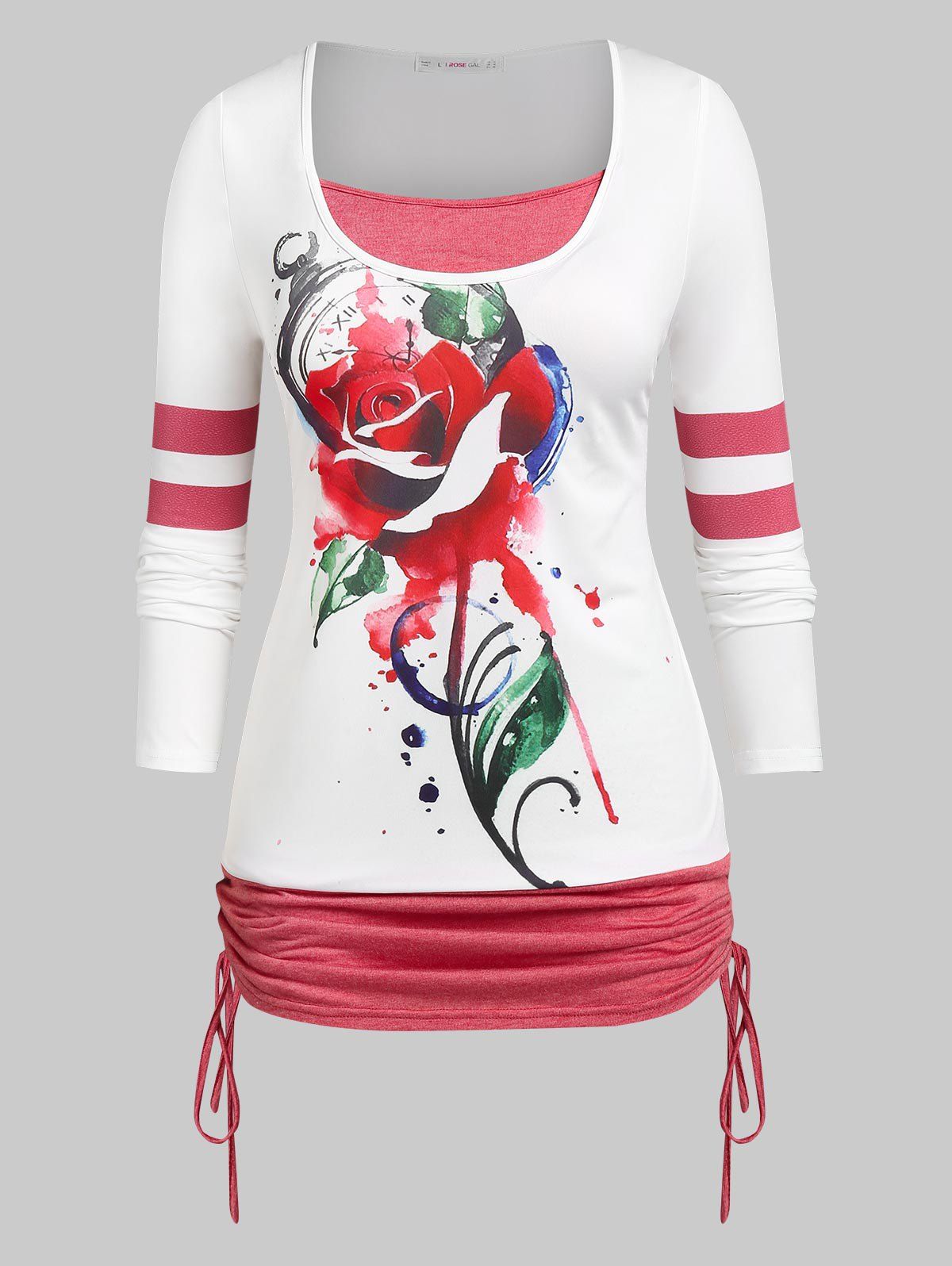 Plus Size Rose Print Cinched 2 in 1 Tee - WHITE L