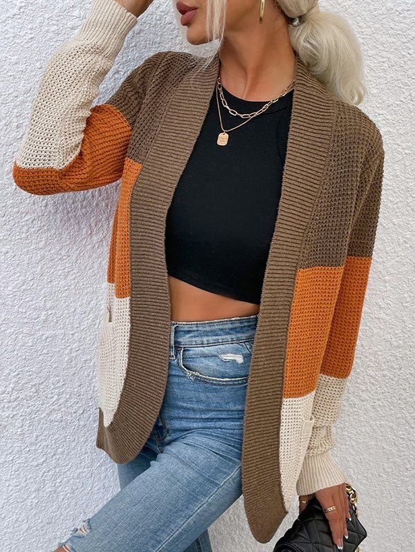 Colorblock Pocket Open Front Cardigan - COFFEE XL