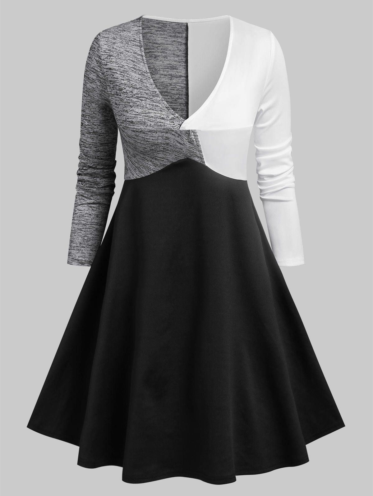 Long Sleeve Twist Front Colorblock Dress - multicolor XL