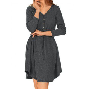 

Drawstring Waist Half Button Mini Dress, Dark gray
