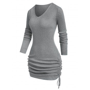 

Rib-knit Cinched Ruched Slinky Sweater Dress, Gray