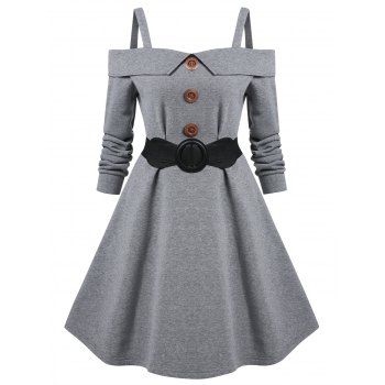 

Cold Shoulder Mock Button Belted Dress, Gray