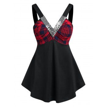 

Plus Size Sequins Plaid Empire Waist Tank Top, Black