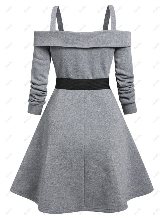Robe Ceinturée à Epaule Dénudée avec Bouton - Gris L