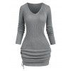 Rib-knit Cinched Ruched Slinky Sweater Dress - GRAY L