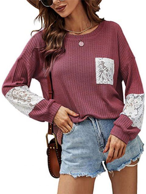 Knitted Drop Shoulder Lace Insert Pocket T Shirt
