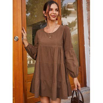 

Lantern Sleeve Keyhole Back Mini Tiered Dress, Coffee