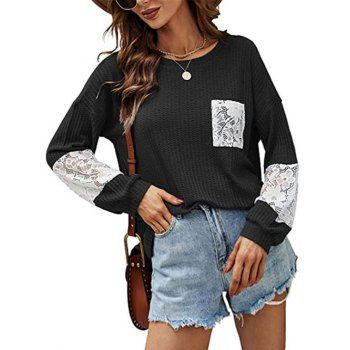 

Knitted Drop Shoulder Lace Insert Pocket T Shirt, Black
