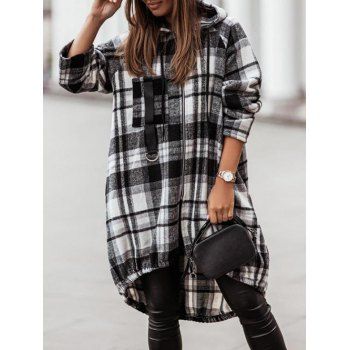 

Hooded Plaid Raglan Sleeve High Low Coat, Black