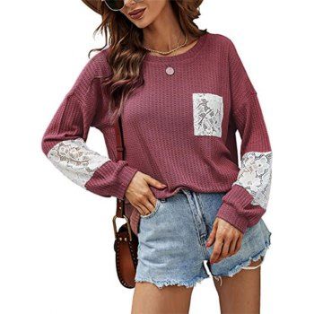 

Knitted Drop Shoulder Lace Insert Pocket T Shirt, Red