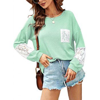 

Knitted Drop Shoulder Lace Insert Pocket T Shirt, Green