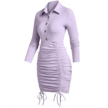 

Cinched Half Button Ribbed Mini Bodycon Dress, Light purple